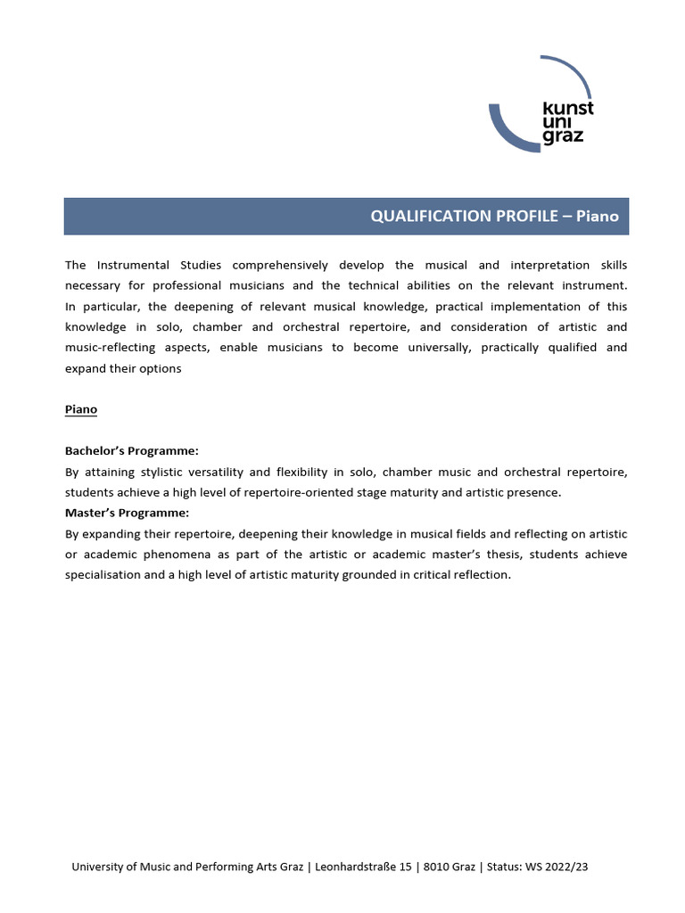 Piano Qualification Profile at Graz University | PDF