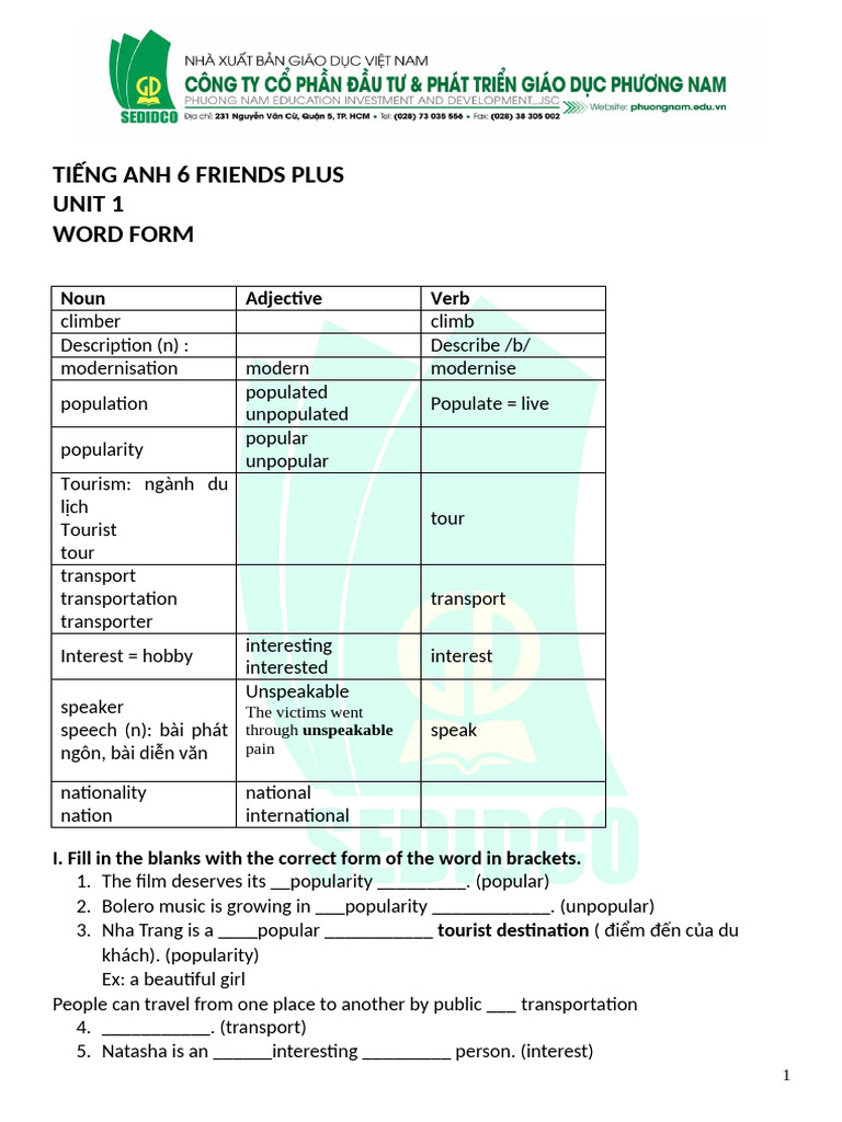 Tiếng Anh 6 Friends Plus - Word Form - Unit - 1 | PDF | Syntax ...