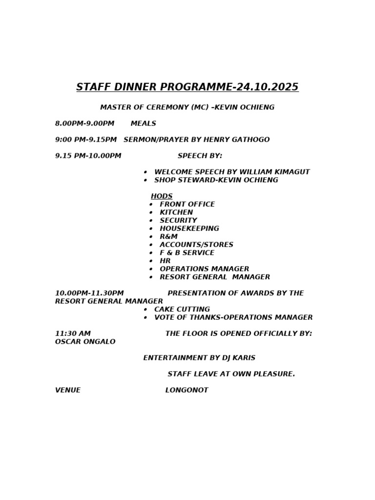 Staff Dinner Programme Overview 2025 | PDF