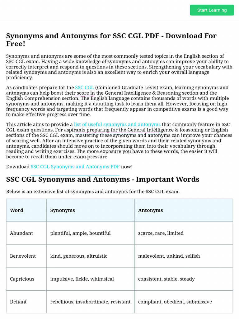Synonyms and Antonyms For SSC CGL PDF - Download For Free! | PDF