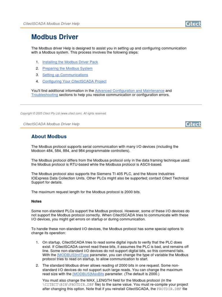 Citect SCADA 6 (1) .10 Modbus Driver Help | PDF | Port (Computer ...
