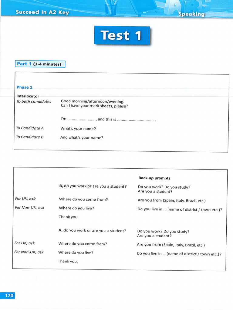 A2 Key Speaking Test 1 Guide | PDF