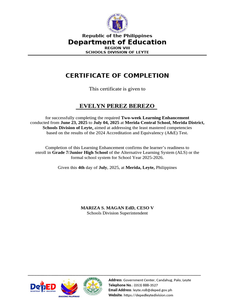 Certificate of Completion For Conditional Passers ELEM | PDF