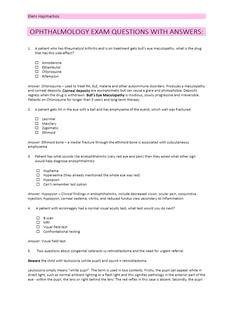 Ophthalmology Exam Q&A Guide | PDF | Human Eye | Diseases And Disorders