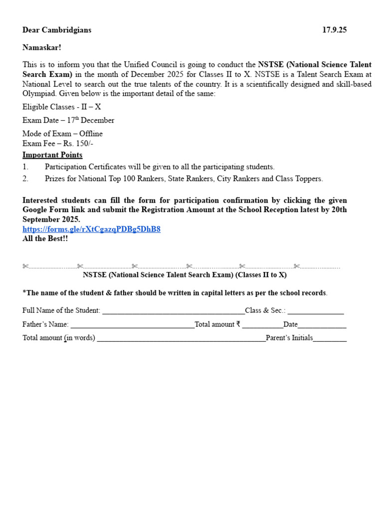 NSTSE 2025 Exam Details and Registration | PDF