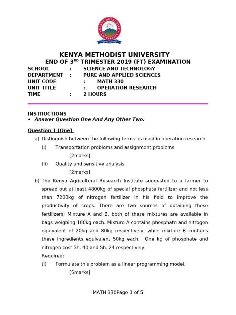 Math 330 OPERATION RESEARCH | PDF | Linear Programming | Fertilizer