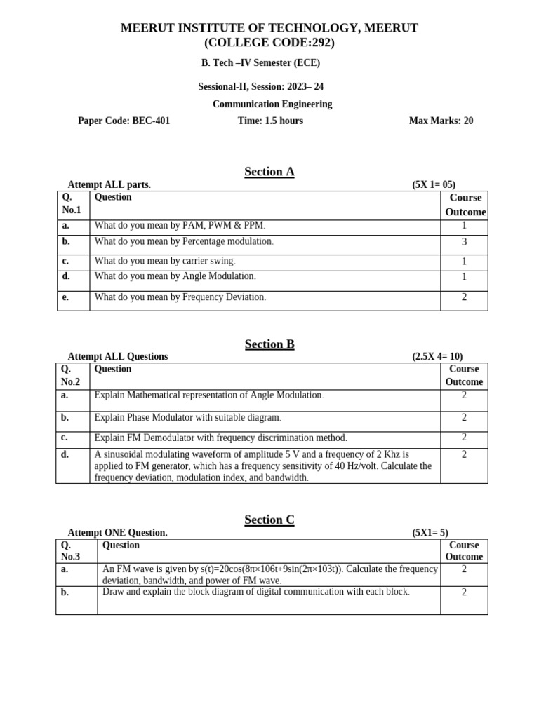 Ce Bec401 QP Sessional II | PDF | Frequency Modulation | Oscillation