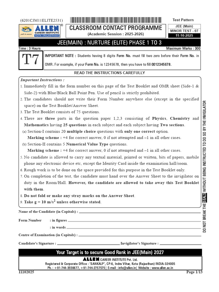 JEE Main Minor Test 07 Instructions | PDF | Gases | Temperature