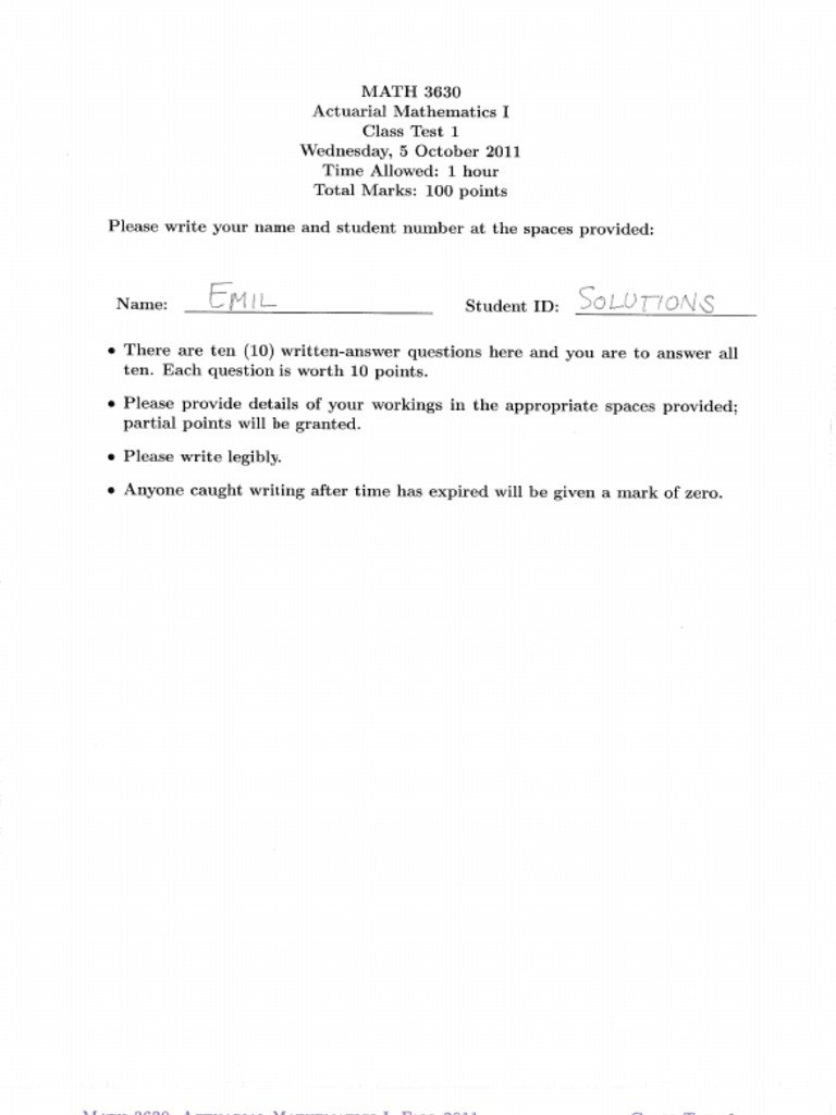 ClassTest1 2011 Solutions | PDF