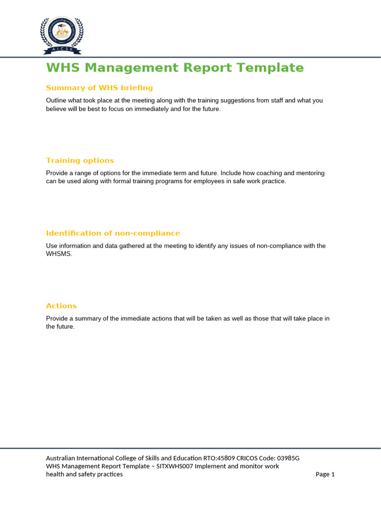 SITXWHS007 WHS Management Report Template.v1.0 | PDF