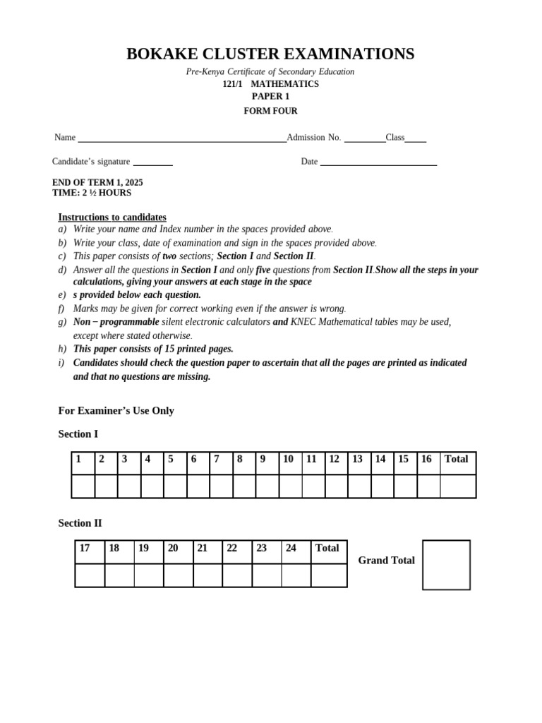 BOKAKE CLUSTER EXAM: Mathematics Paper 1 | PDF | Area | Rectangle