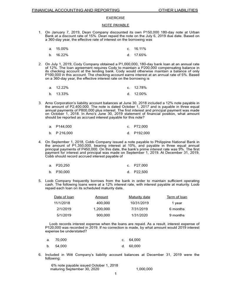Financial Accounting: Note Payable Exercises | PDF | Refinancing | Interest