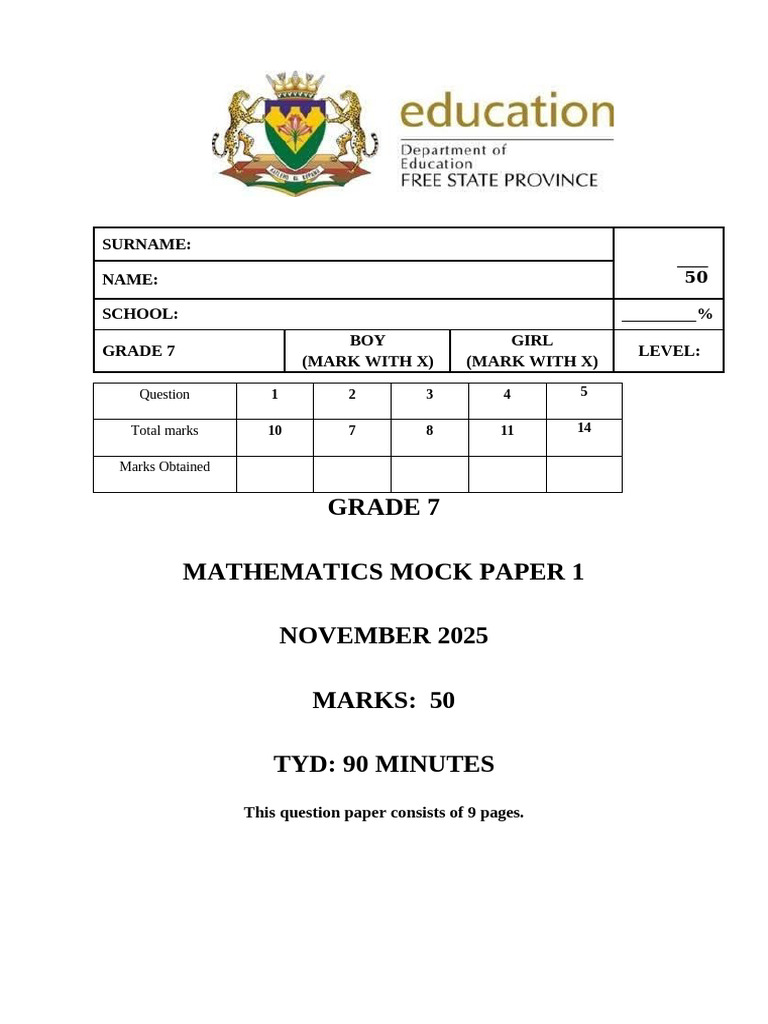 Grade 7 MOCK Paper 1 FS November 2025 | PDF | Mathematics