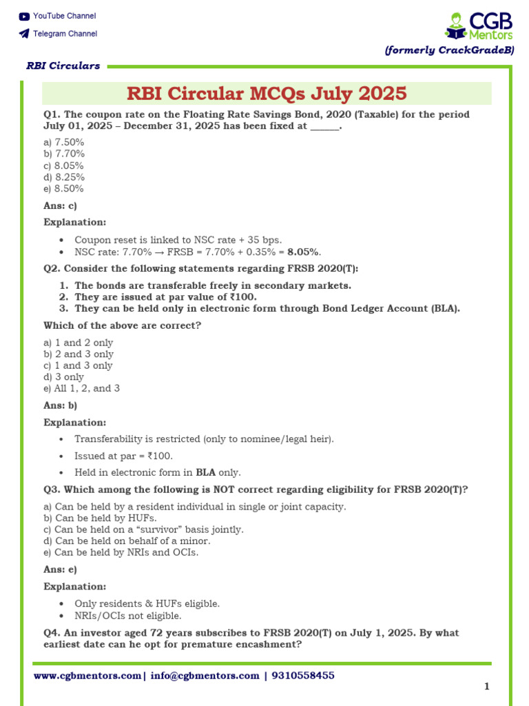 RBI Circulars MCQs for July 2025 | PDF | Reserve Bank Of India ...