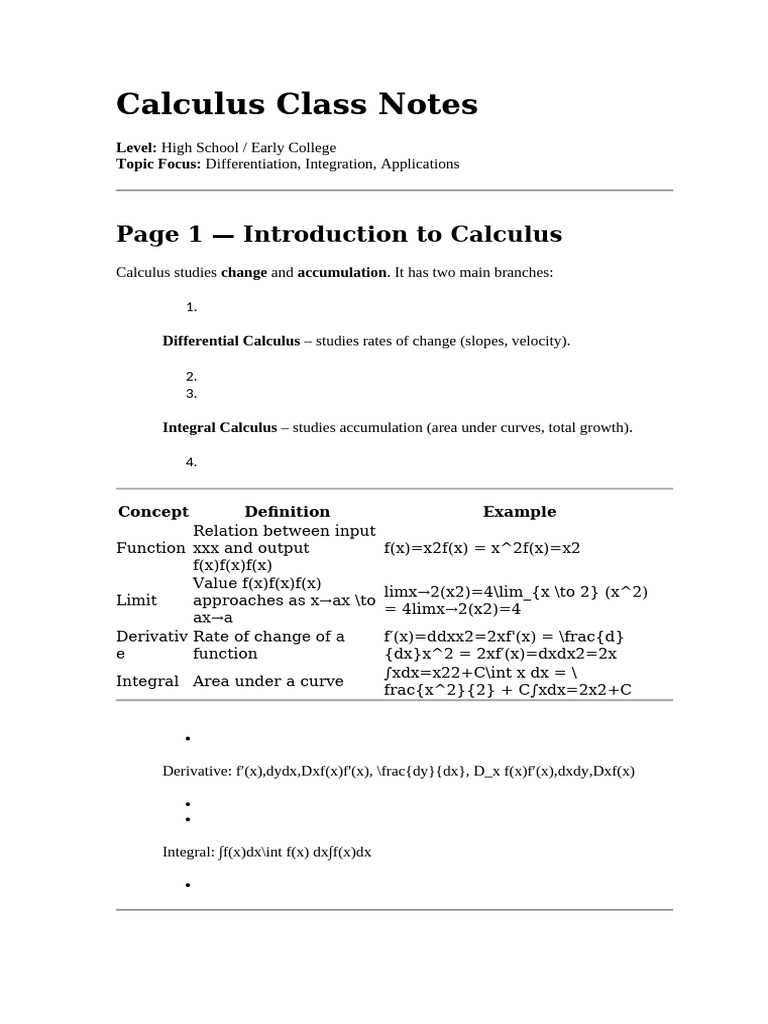 Calculus Class Notes Techniques of Integration & Introduction To ...