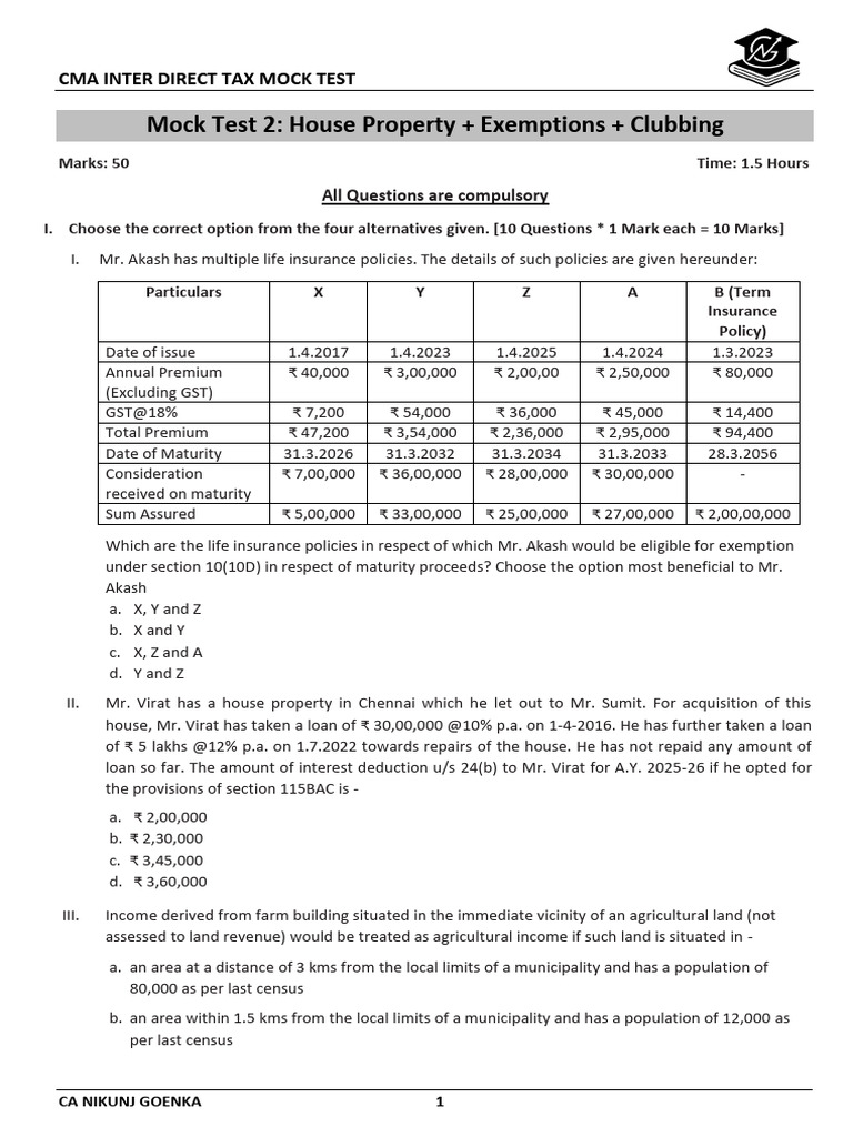 CMA Inter DT - Mock Test 2 - Question Paper - CA Nikunj Goenka | PDF ...