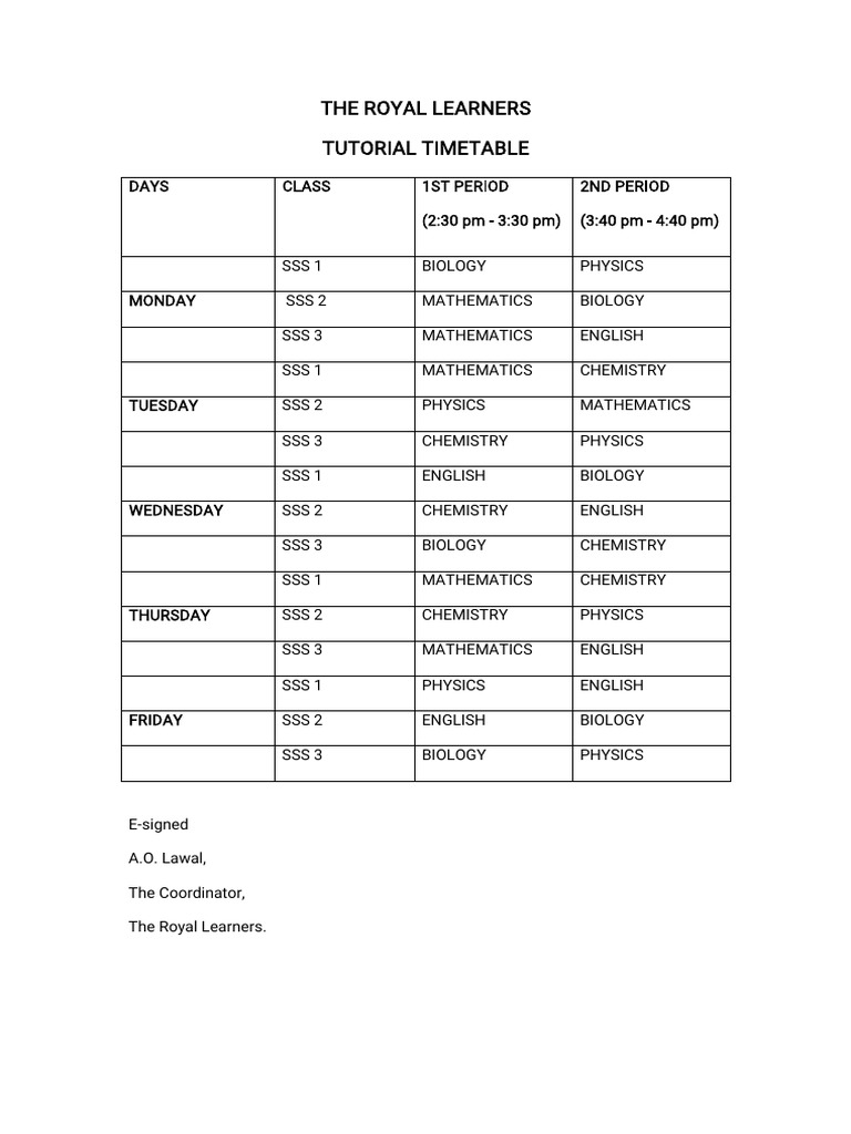 Royal Learners Tutorial Timetable | PDF