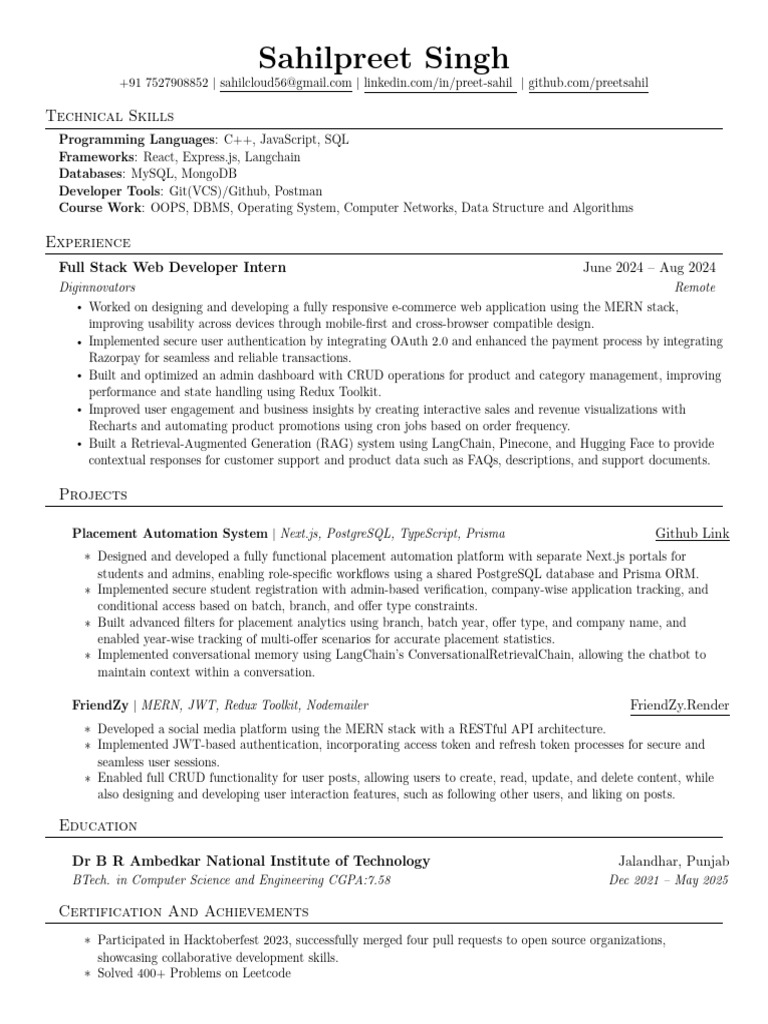 Full Stack Developer Resume 2024 | PDF | Databases | Postgre Sql