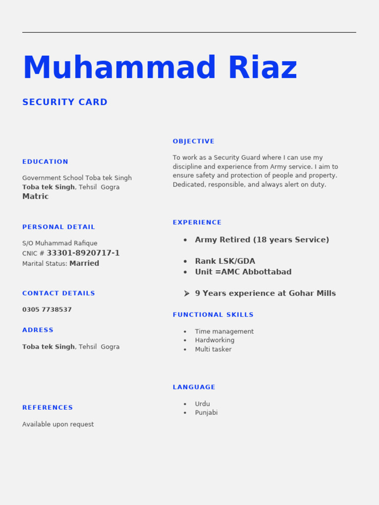 Security Guard Resume of Muhammad Riaz | PDF