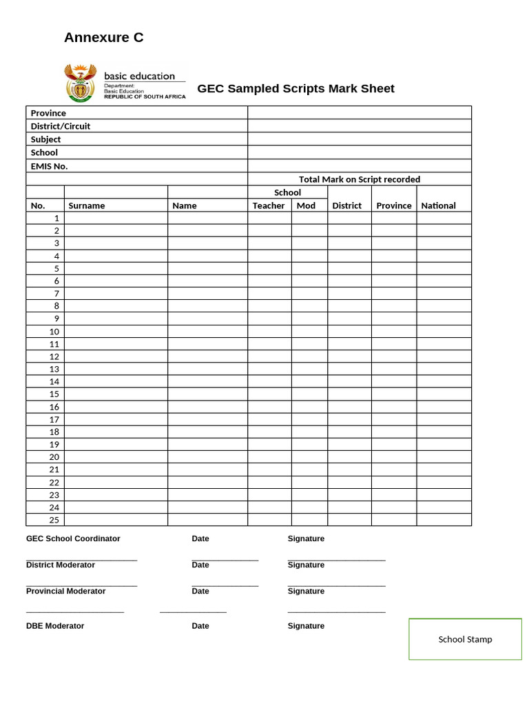 Annexure C GEC Sampled Scripts Mark Sheet | PDF