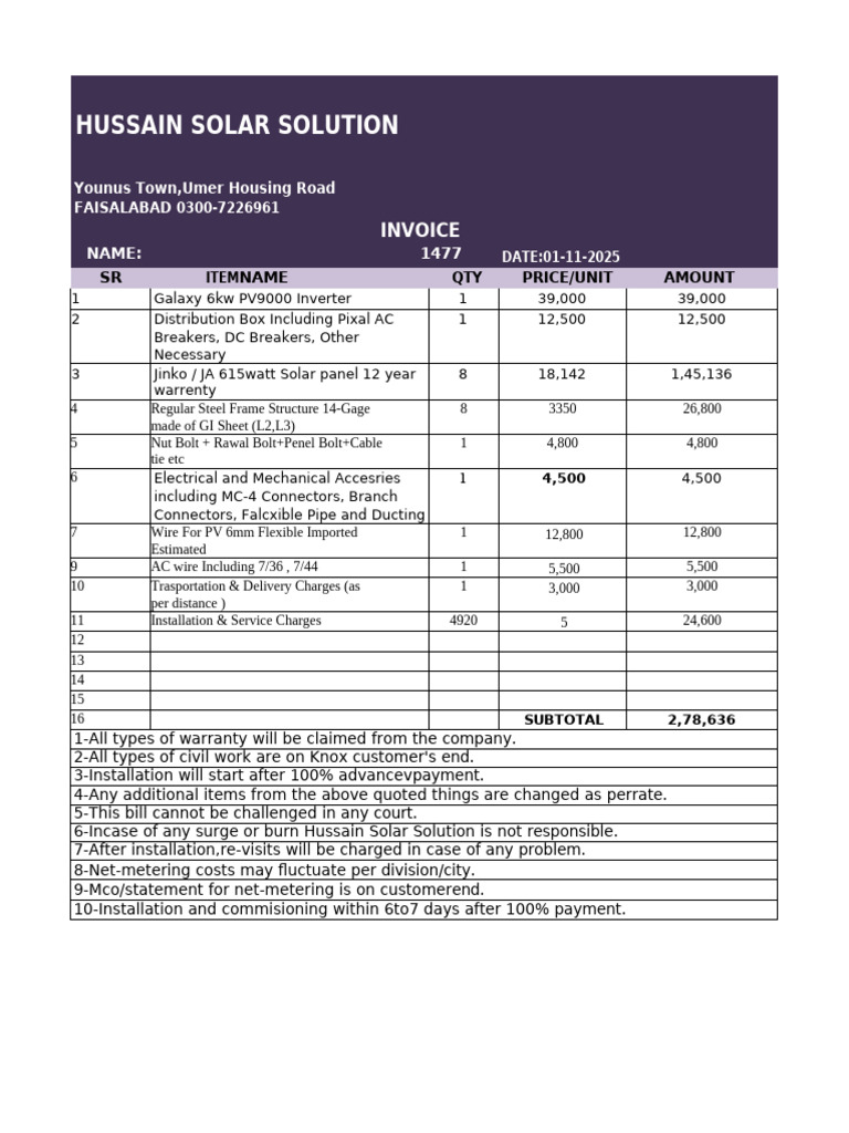 Invoice for Solar Equipment Purchase | PDF