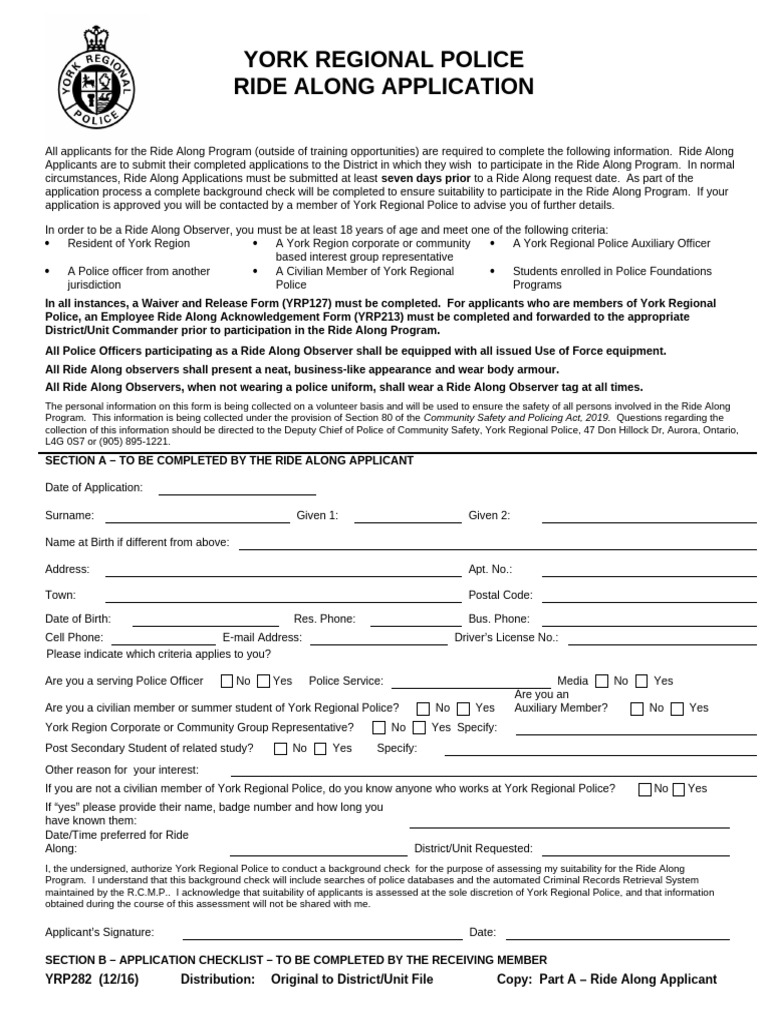 York Regional Police Ride Along Application | PDF | Criminal Record ...
