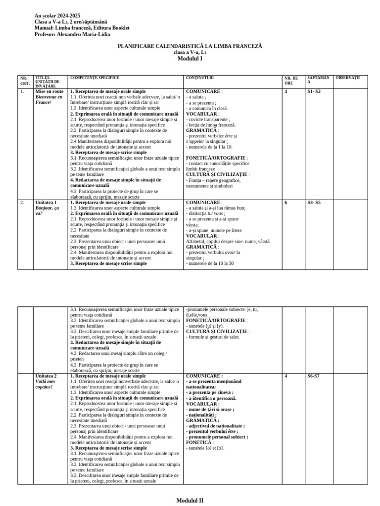 Planificare Pe Module, Clasa A V-A, 2023-2024 | PDF