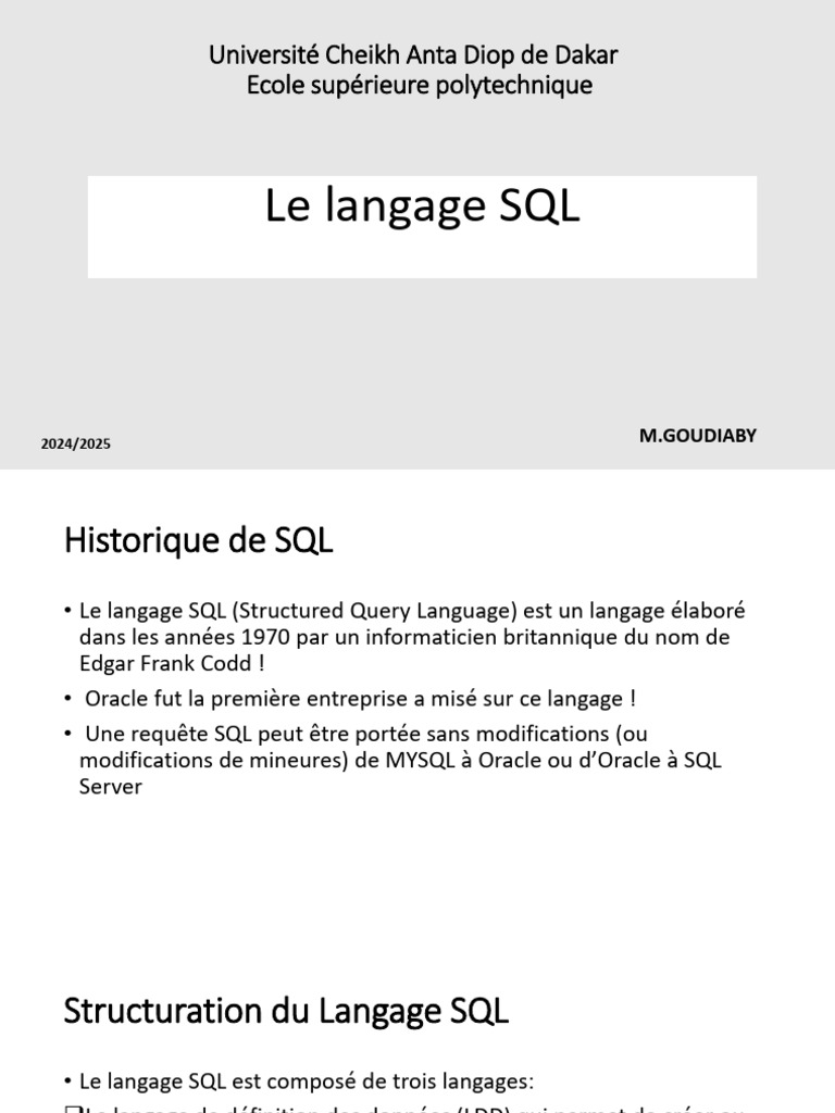 Introduction au Langage SQL et ses Structures | PDF | SQL | Données ...