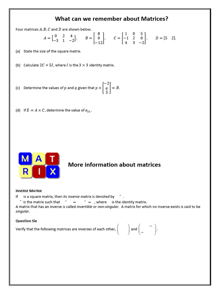 Matrix Operations and Inverses Explained | PDF | Matrix (Mathematics ...