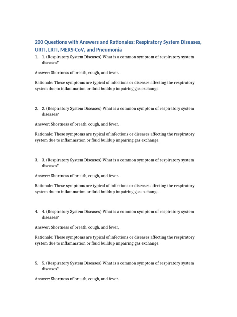 Respiratory System Diseases 200 QA | PDF | Respiratory Diseases | Cough