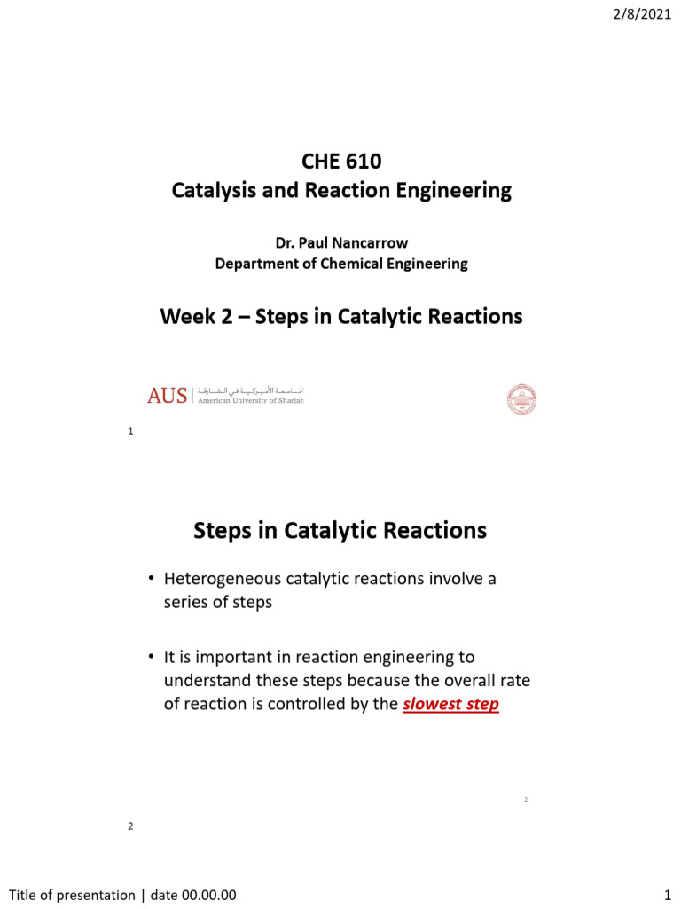 Week 2 - Steps in Catalytic Reactions | PDF | Adsorption | Catalysis