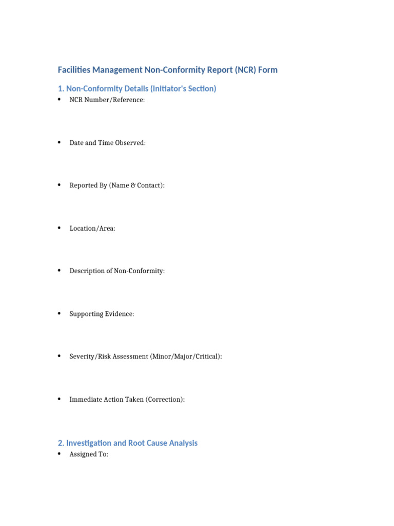 Facilities Management NCR Form Template | PDF