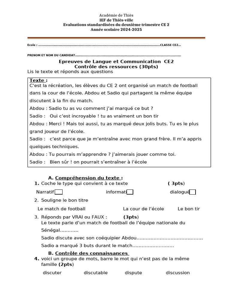 Évaluations CE2 - Trimestre 2 2024-2025 | PDF | Linguistique ...