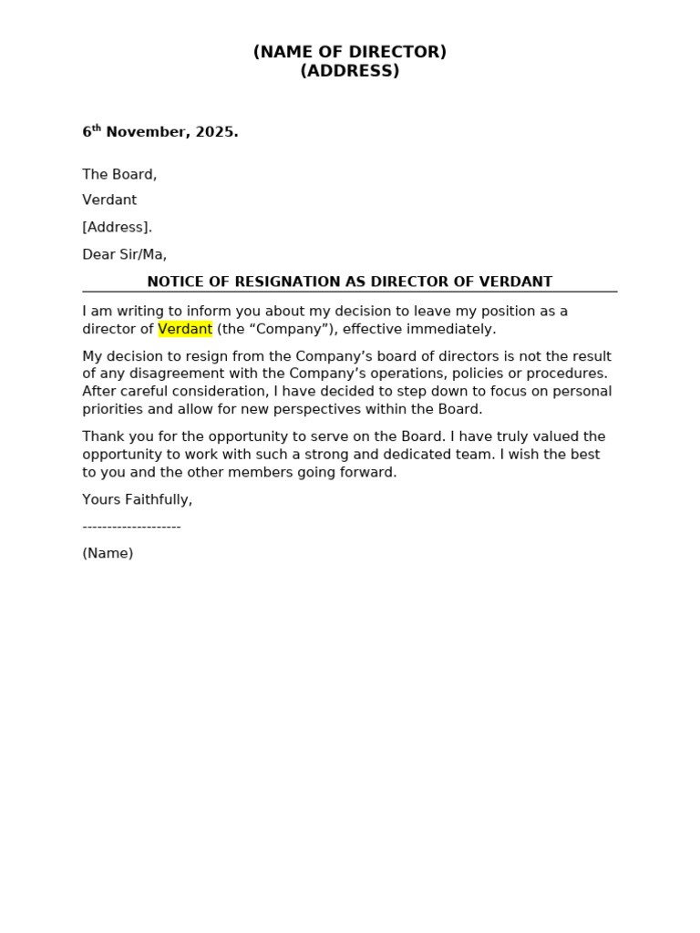 Board Resignation Letter Template | PDF