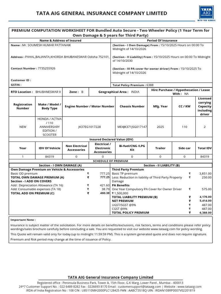 Tata AIG Motor Premium Worksheet - 3187 - QT256120898677 | PDF ...