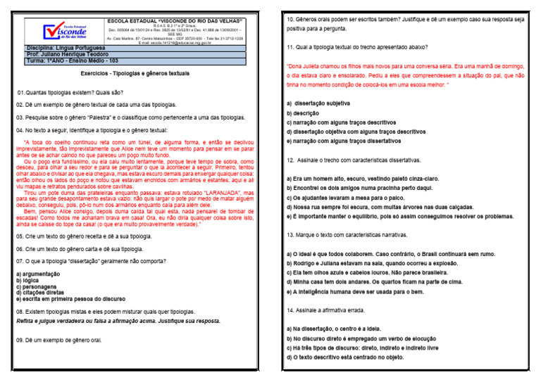 Atividades sobre Tipologia Textual 9º Ano | PDF