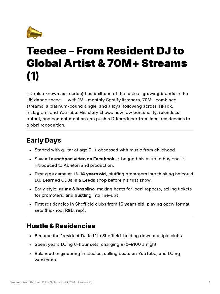 Teedee - From Resident DJ To Global Artist & 70M+ | PDF | Disc Jockey ...