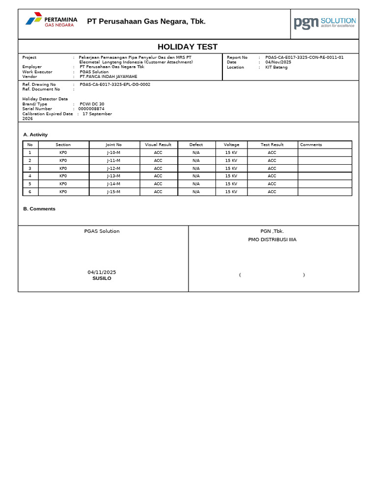 Holiday Test Report for Gas Pipeline Project | PDF