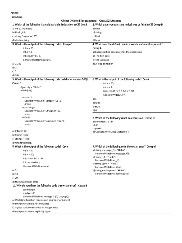 C# Object Oriented Programming Quiz 2025 | PDF | Boolean Data Type | C ...