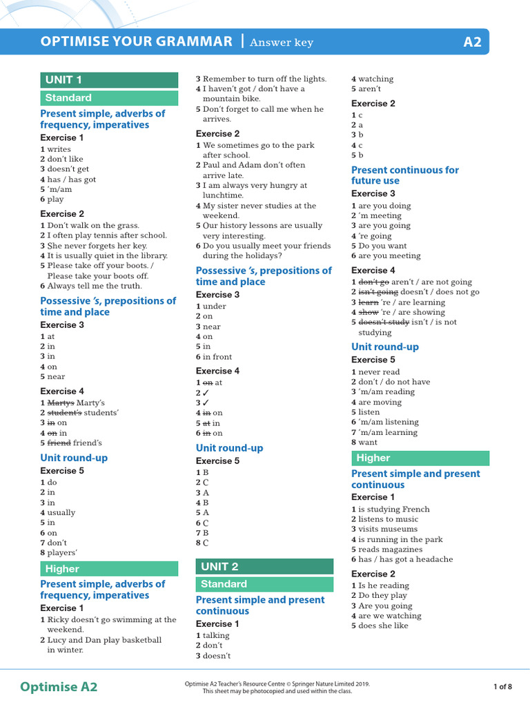 A2 Grammar Answer Key | PDF | Linguistic Morphology | Grammar
