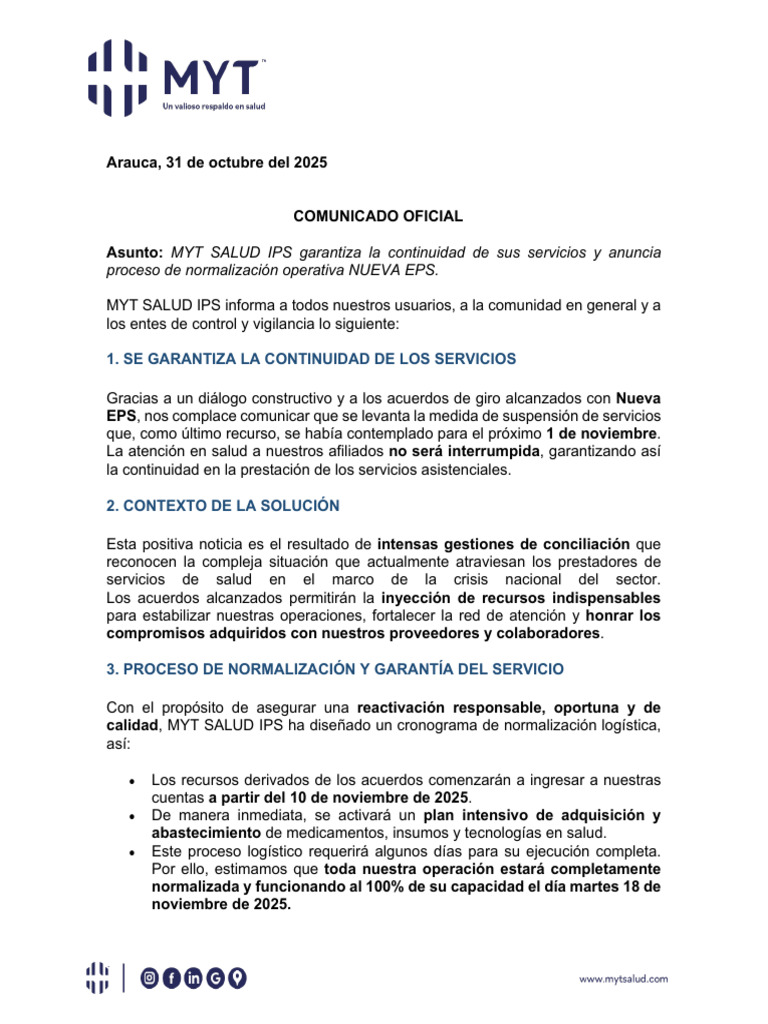 Continuidad de Servicios en MYT SALUD IPS | PDF
