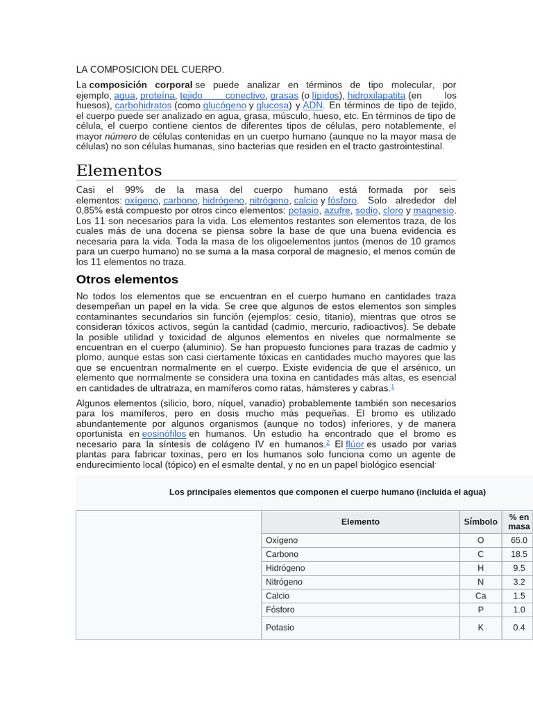 La Composicion Del Cuerpo | PDF | Cuerpo humano | Elementos químicos