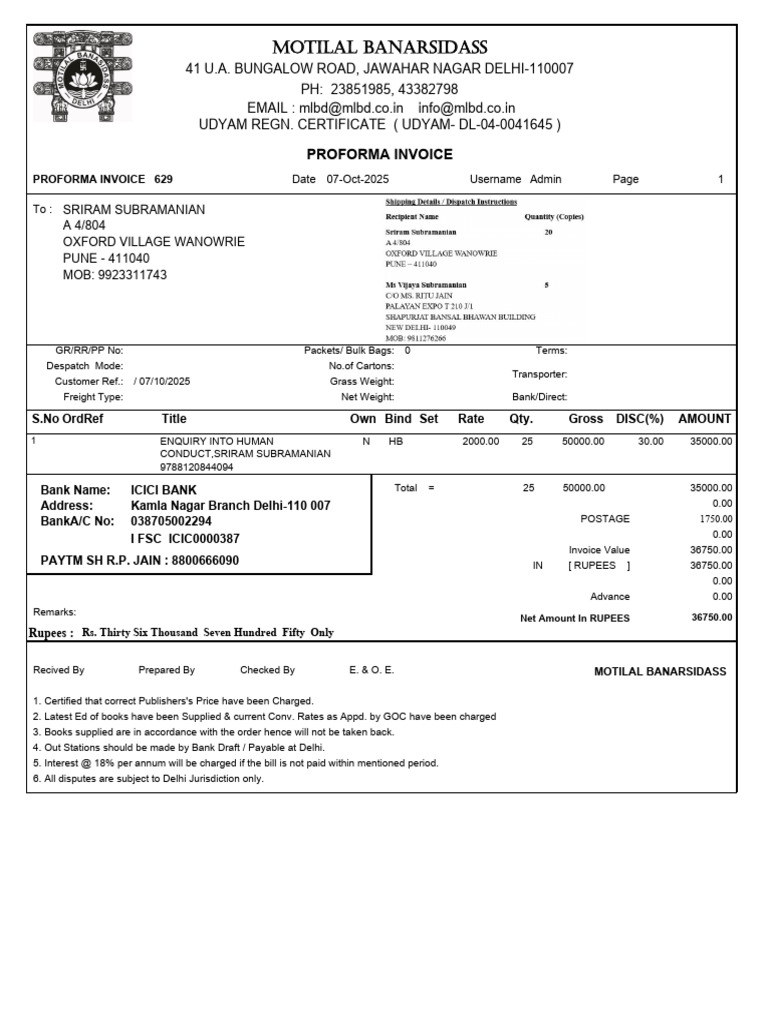 Proforma Invoice for Book Purchase | PDF