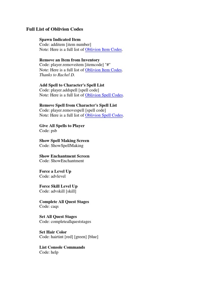 Full List of Oblivion Codes: Thanks To Rachel D | PDF | Melee Weapons ...