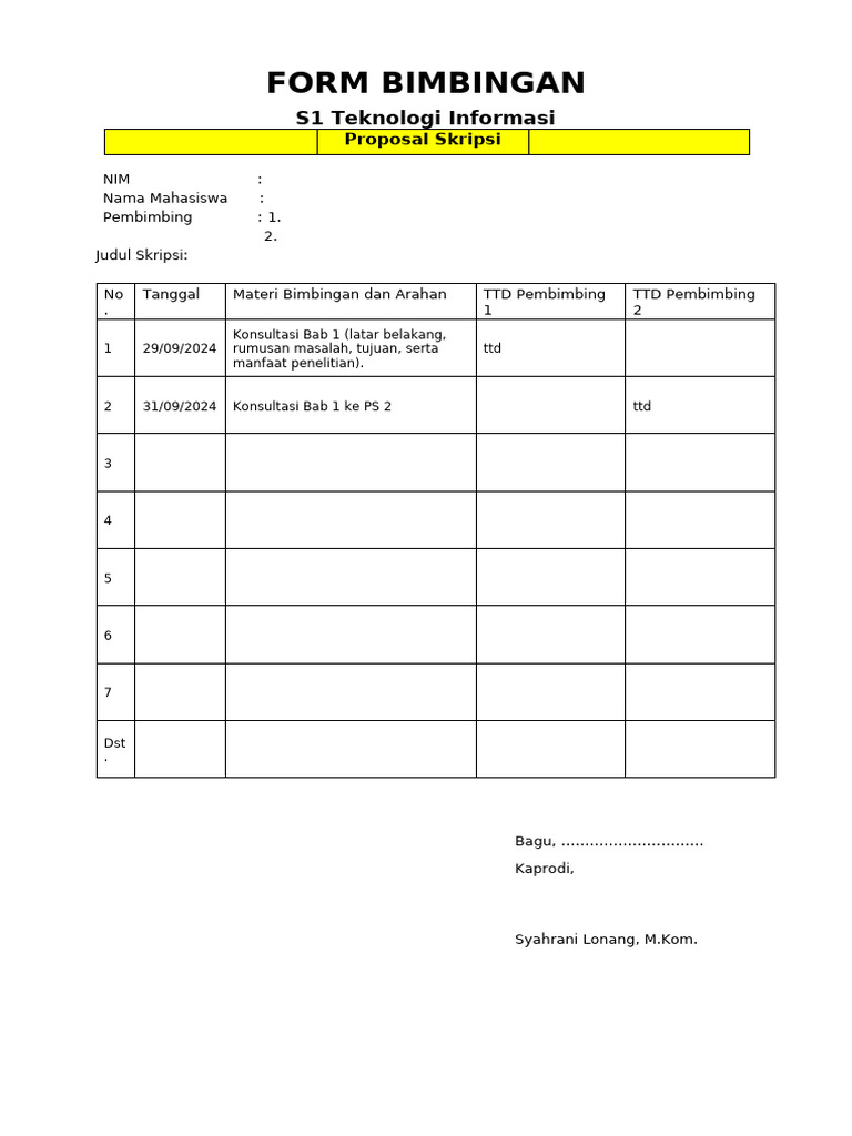 Form Bimbingan Skripsi S1 TI | PDF