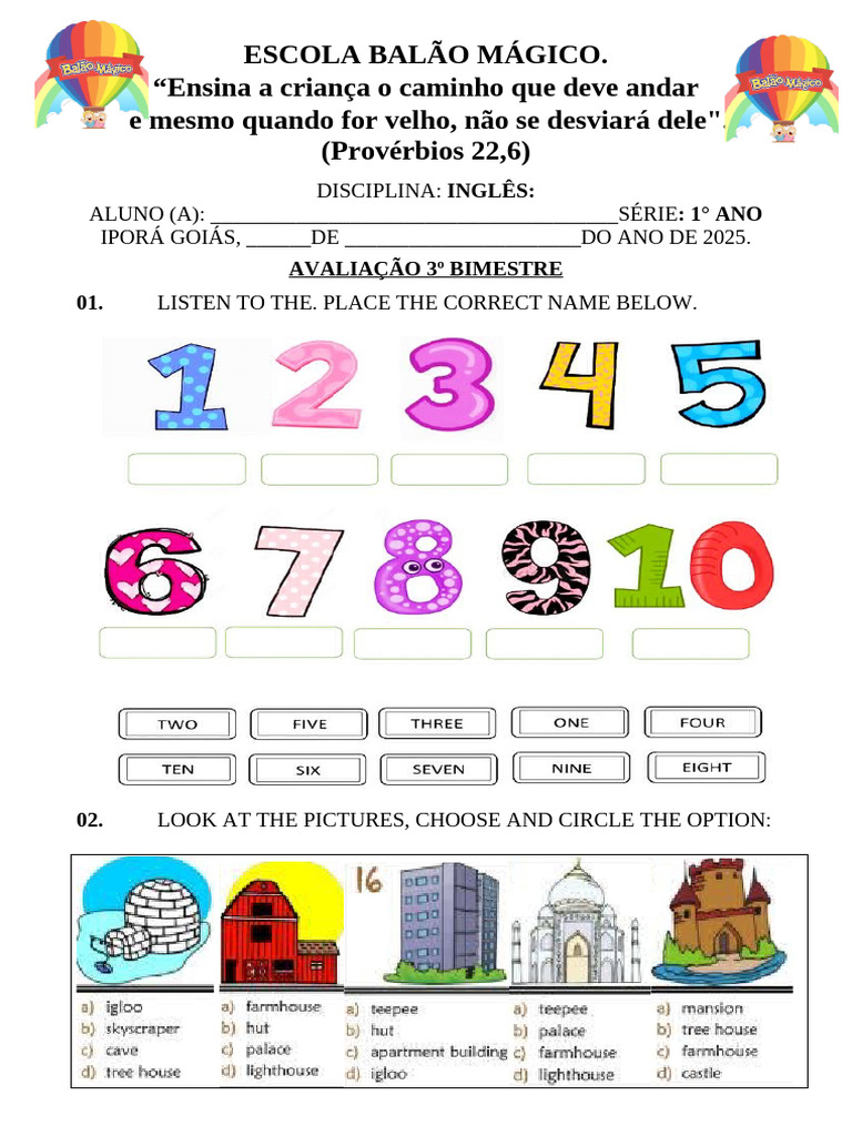 Avaliação de Inglês 1º Ano 2025 | PDF