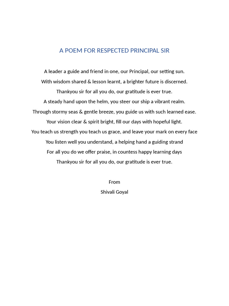 Poem For Principal Sir | PDF
