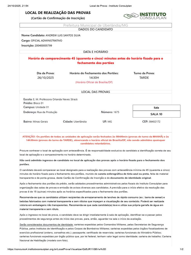 Local da Prova - Consulplan MG | PDF