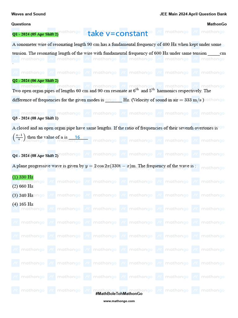 Waves and Sound - JEE Main 2024 April Question Bank - MathonGo | PDF ...