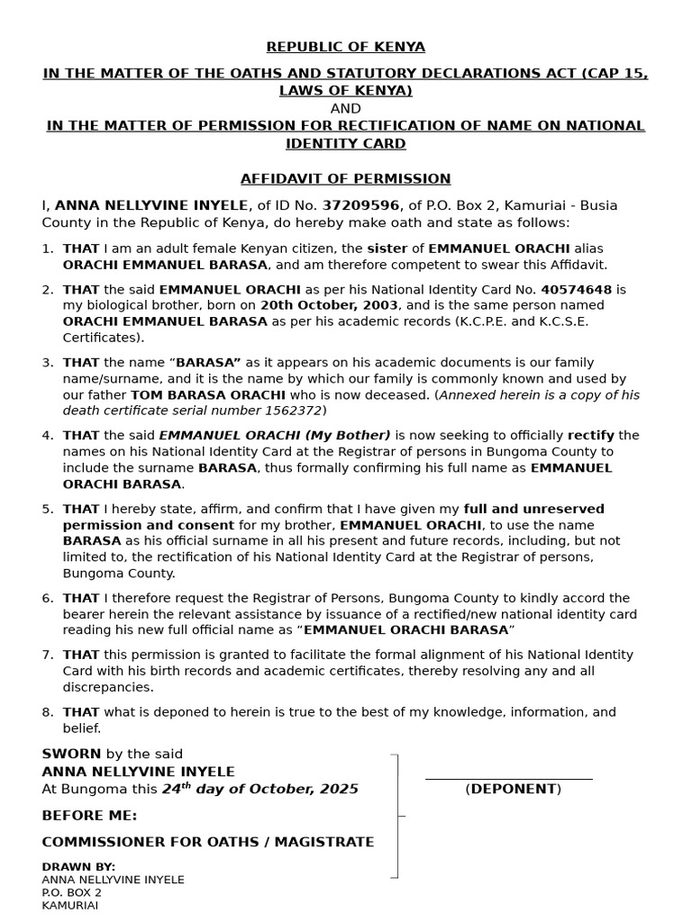 Affidavit for Name Rectification in Kenya | PDF | Affidavit | Identity ...